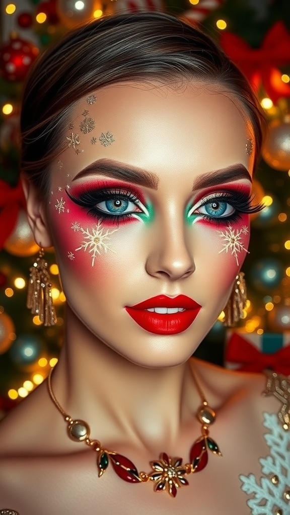 Festive Christmas makeup look with red and green eyeshadows, glitter, and holiday-themed designs.
